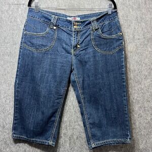 Drama Gold Jean Shorts Size 9/10 Embroidered Pockets Dark Wash Denim‎ Jorts
